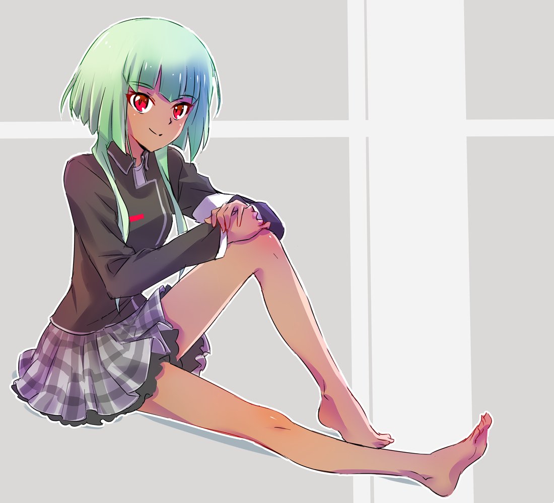1girl bare_legs barefoot commentary_request emerald_sustrai green_hair iesupa red_eyes rwby school_uniform smile solo