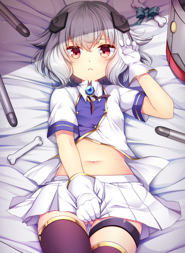 1girl :c agekichi_(heart_shape) asymmetrical_legwear azur_lane bangs bed_sheet black_legwear blue_bow bone bow breasts brooch bulldog_(azur_lane) closed_mouth collared_shirt commentary_request covering covering_crotch cowboy_shot double-breasted eyebrows_visible_through_hair from_above gloves gluteal_fold gold_trim grey_hair hair_between_eyes hair_flaps hand_up headgear jewelry looking_at_viewer lying machinery midriff miniskirt navel on_back partially_unbuttoned pleated_skirt red_eyes shade shiny shiny_hair shirt short_hair short_sleeves skirt skirt_tug small_breasts solo stomach thigh-highs thigh_gap thigh_strap torpedo white_gloves white_shirt white_skirt