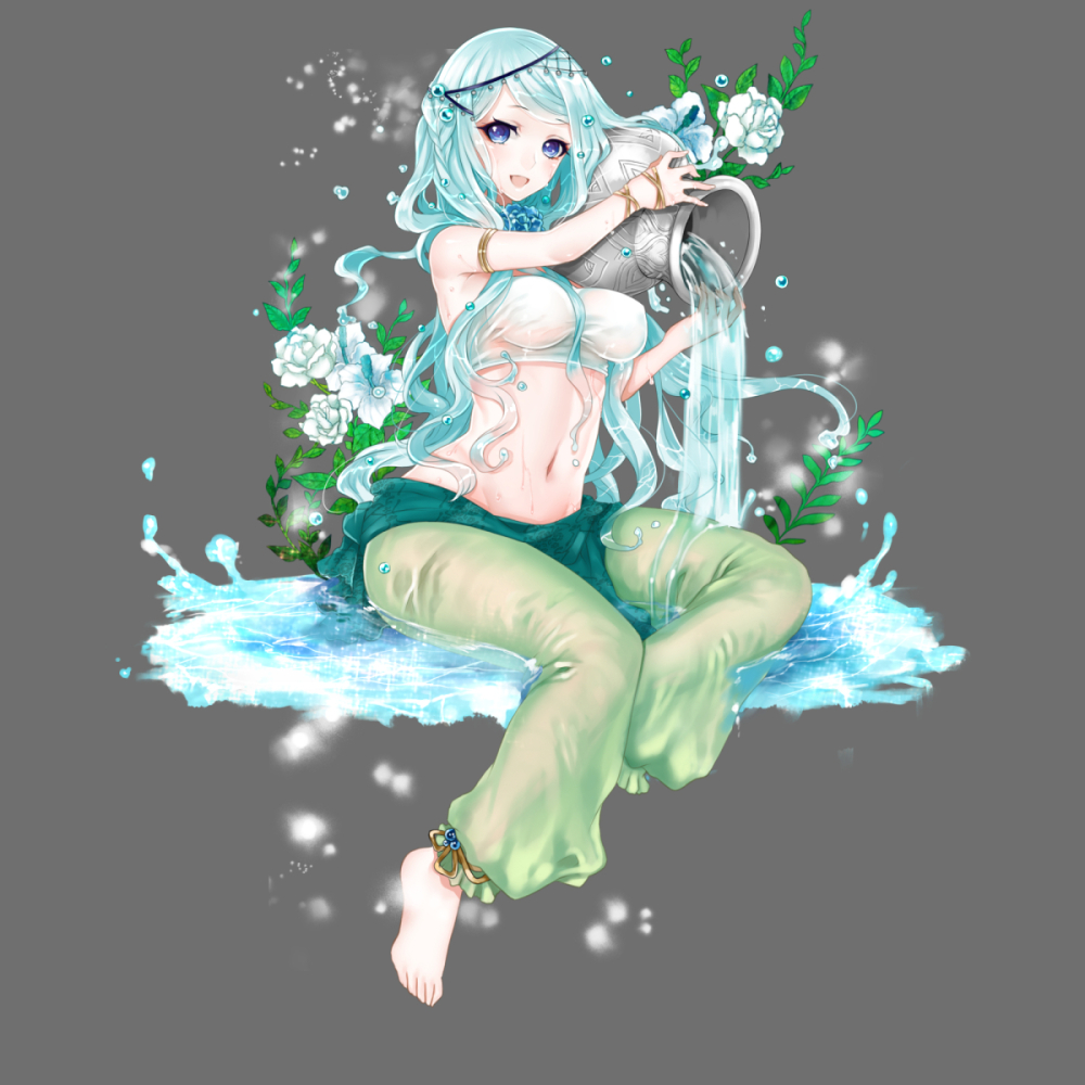 1girl apt aqua_hair bare_shoulders barefoot blue_hair breasts circlet erect_nipples flower full_body grey_background gyakushuu_no_fantasica leaf long_hair midriff navel official_art open_mouth simple_background sitting solo water