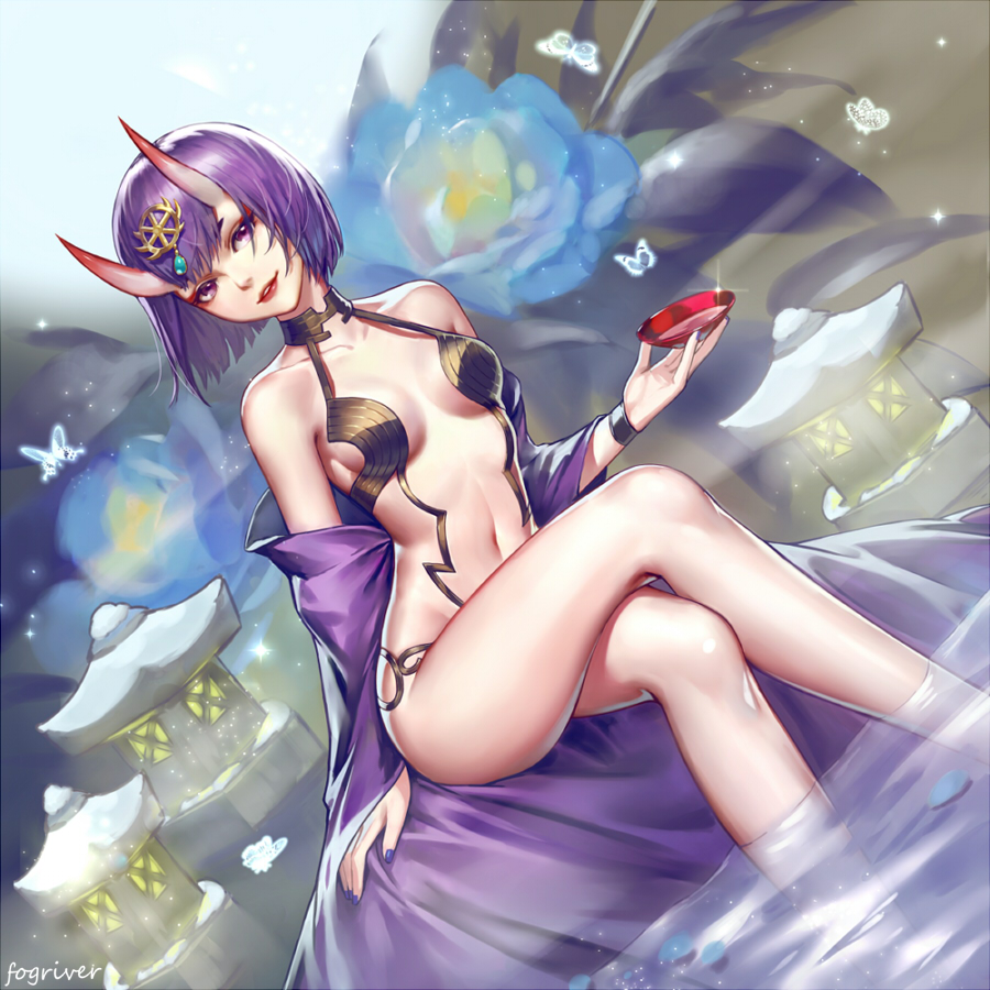 1girl alcohol bangs bare_legs bare_shoulders blue_flower blue_sky bob_cut breasts butterfly collarbone crossed_arms cup day dutch_angle eyeshadow fate/grand_order fate_(series) flower fog fogriver gem glint glowing_butterfly halterneck head_tilt headpiece holding holding_cup japanese_clothes kimono light_particles lips lipstick looking_at_viewer makeup nail_polish navel off_shoulder oni oni_horns outdoors parted_lips purple_hair purple_kimono purple_nails red_lipstick revealing_clothes sakazuki sake shiny shiny_hair short_hair shuten_douji_(fate/grand_order) signature sitting sky small_breasts smile soaking_feet solo sparkle stomach stone_lantern violet_eyes water