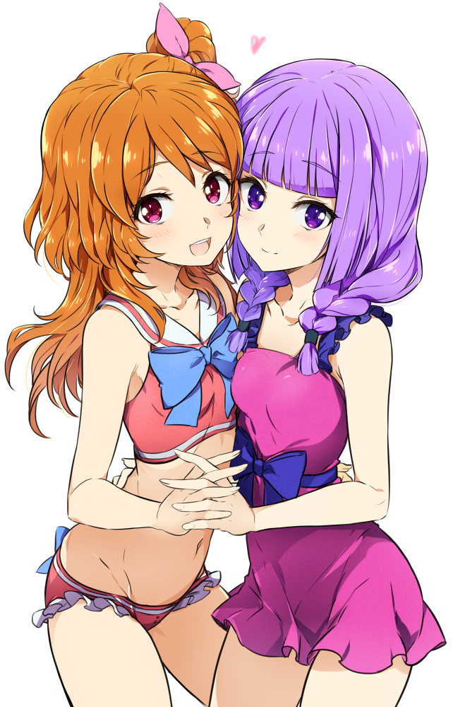 2girls :d aikatsu! alternate_hairstyle bikini braid breasts brown_hair casual_one-piece_swimsuit cheek-to-cheek commentary frilled_bikini frills hand_holding hand_on_another's_hip hikami_sumire minatsuki_randoseru multiple_girls navel one-piece_swimsuit one_side_up oozora_akari open_mouth pink_ribbon pink_swimsuit purple_hair red_bikini red_eyes ribbon sailor_collar simple_background small_breasts smile swimsuit twin_braids violet_eyes white_background