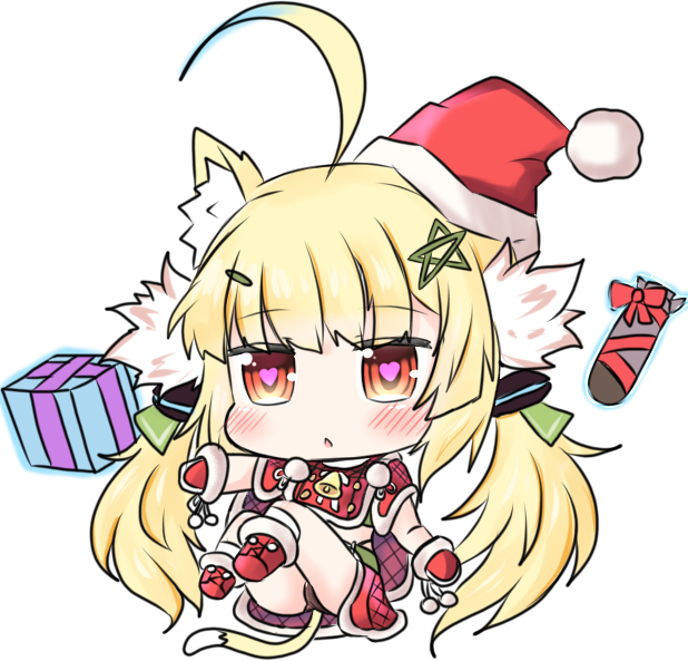 1girl ahoge animal_ears azur_lane bailingxiao_jiu bangs belt black_panties blonde_hair blush box brown_eyes cat_ears cat_girl cat_tail chibi commentary_request eldridge_(azur_lane) eyebrows_visible_through_hair full_body fur-trimmed_boots fur-trimmed_mittens fur_trim gift gift_box gift_wrapping green_belt hair_ornament hairclip hat heart heart-shaped_pupils kemonomimi_mode kneehighs long_hair looking_at_viewer mittens panties parted_lips red_footwear red_hat red_mittens red_shirt red_skirt santa_hat shirt sidelocks simple_background skirt solo symbol-shaped_pupils tail torpedo twintails underwear very_long_hair white_background white_legwear