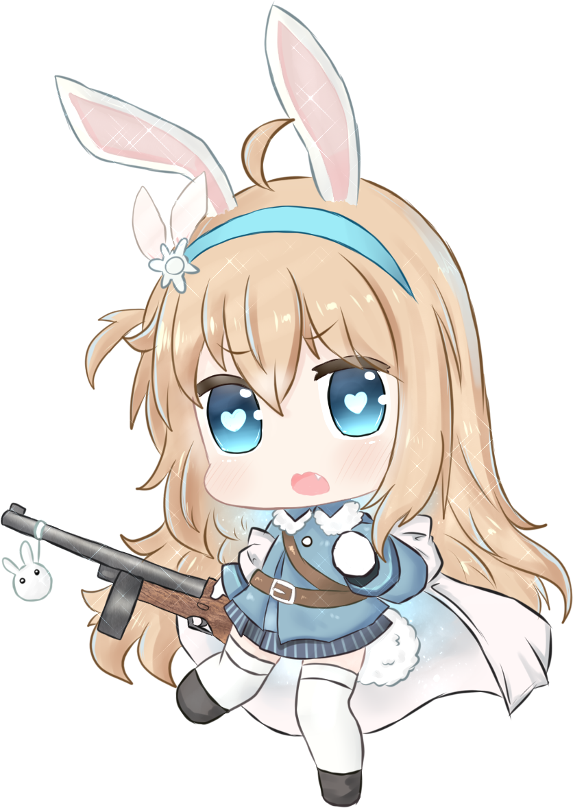 1girl ahoge animal_ears bailingxiao_jiu bangs black_footwear blue_eyes blue_hairband blue_jacket blue_skirt blush bunny_girl bunny_tail cape chibi choker eyebrows_visible_through_hair fang fur_trim girls_frontline gloves gun hair_between_eyes hairband heart heart-shaped_pupils holding holding_gun holding_weapon jacket kemonomimi_mode light_brown_hair long_hair long_sleeves looking_at_viewer object_namesake open_mouth rabbit_ears simple_background skirt solo sparkle standing standing_on_one_leg striped submachine_gun suomi_kp/-31 suomi_kp31_(girls_frontline) symbol-shaped_pupils tail thigh-highs vertical-striped_skirt vertical_stripes very_long_hair weapon white_background white_cape white_gloves white_legwear