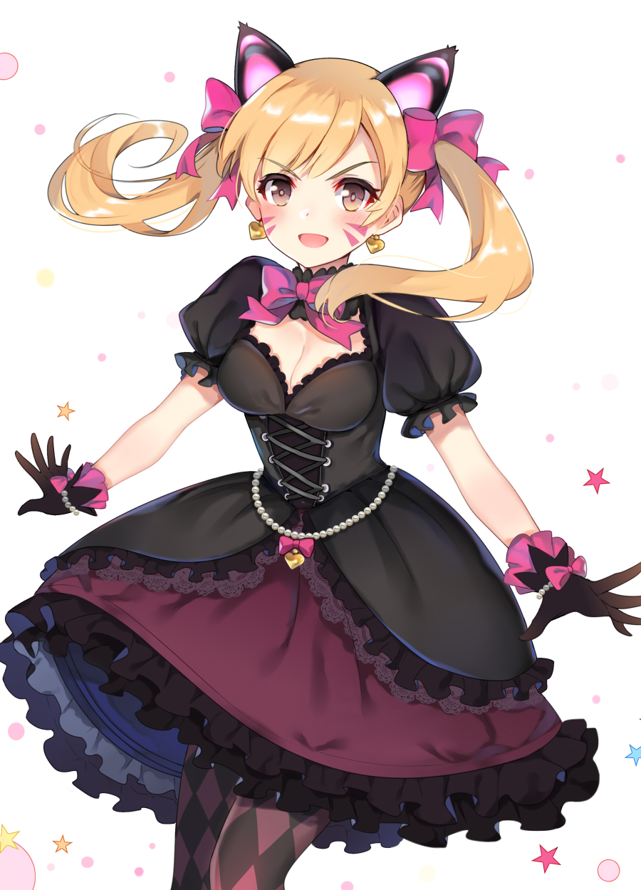 1girl animal_ears argyle argyle_legwear black_cat_d.va black_dress black_gloves blonde_hair blush bow bowtie bracelet breasts brown_eyes cat_ears cleavage cleavage_cutout d.va_(overwatch) dress earrings eyebrows_visible_through_hair eyelashes facial_mark fake_animal_ears frilled_dress frilled_sleeves frills gloves hair_bow heart heart_earrings highres jewelry layered_dress long_hair looking_at_viewer medium_breasts overwatch pantyhose pearl_bracelet pink_bow pink_neckwear puffy_short_sleeves puffy_sleeves purple_legwear short_sleeves simple_background solo twintails v-shaped_eyebrows whisker_markings white_background zonana
