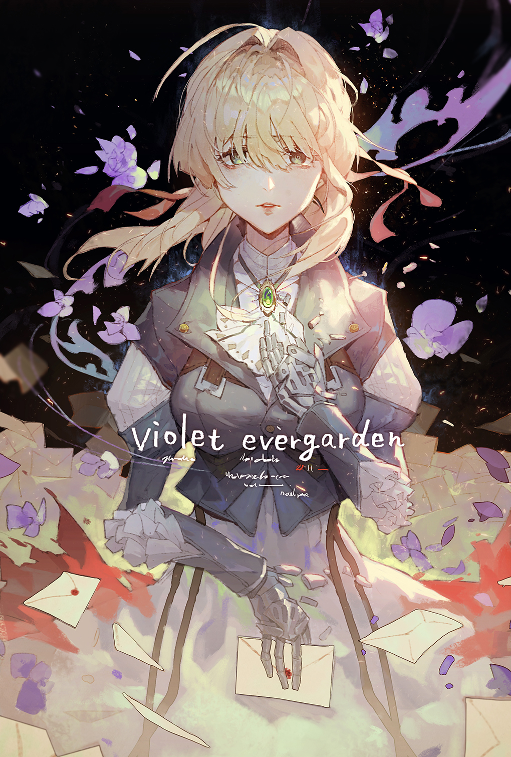 1girl ahoge bangs blonde_hair blue_jacket commentary_request eyebrows_visible_through_hair green_eyes hair_between_eyes hair_intakes hair_over_one_eye hand_up highres jacket kuroduki_(pieat) letter long_hair looking_at_viewer mechanical_arms parted_lips petals solo standing violet_evergarden violet_evergarden_(character)