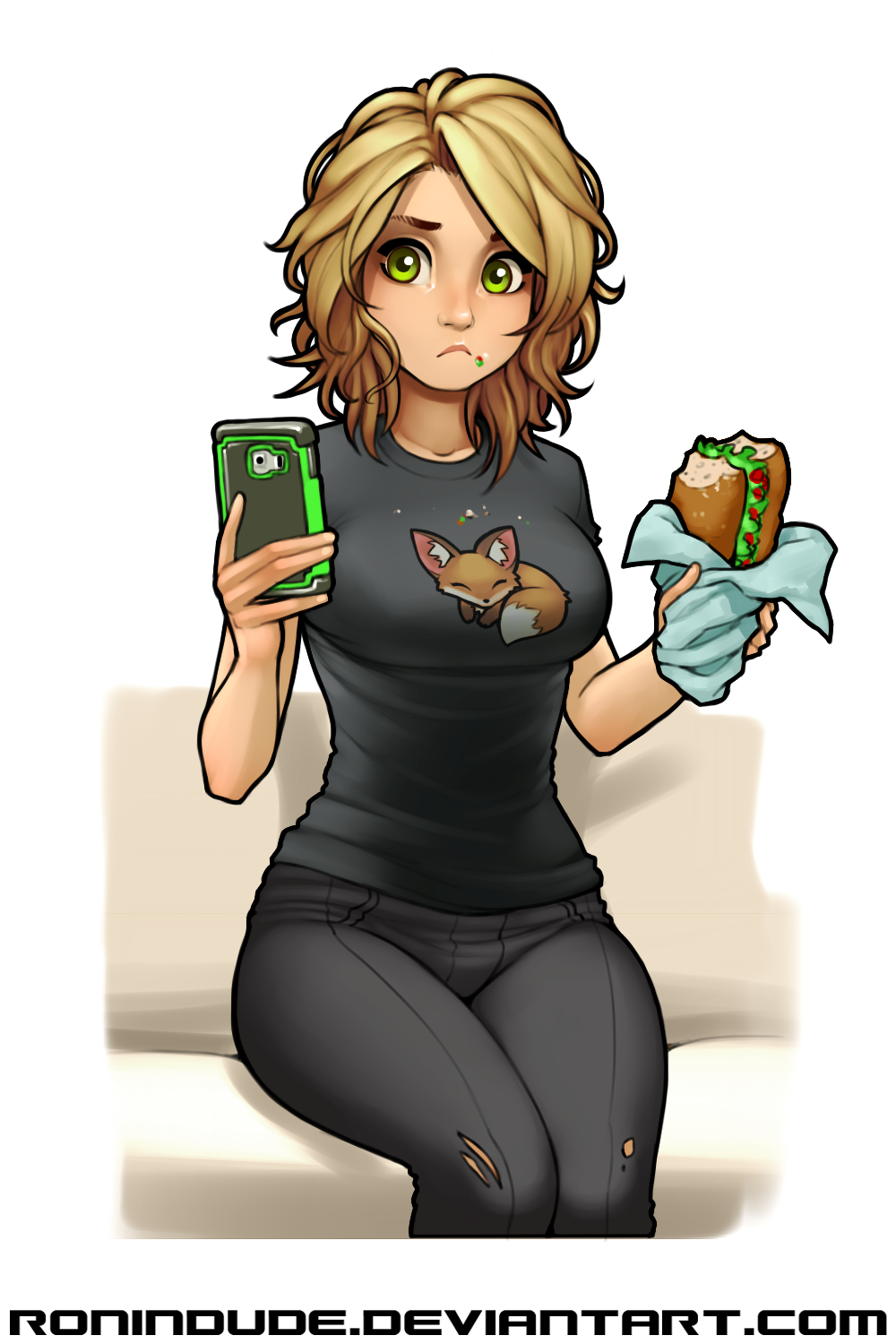 1girl blonde_hair breasts casual cellphone commentary denim food food_on_face green_eyes highres jeans medium_breasts medium_hair messy_hair pants phone real_life real_life_insert ronindude sandwiched shirt sitting solo t-shirt torn_clothes torn_jeans using_phone