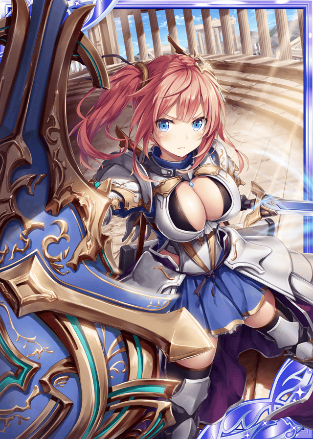 1girl akkijin armor blue_eyes blue_sky breasts card_(medium) frilled_skirt frills hair_ornament indoors large_breasts looking_at_viewer official_art pink_hair serious shield shinkai_no_valkyrie skirt sky solo sunlight sword temple thigh-highs weapon