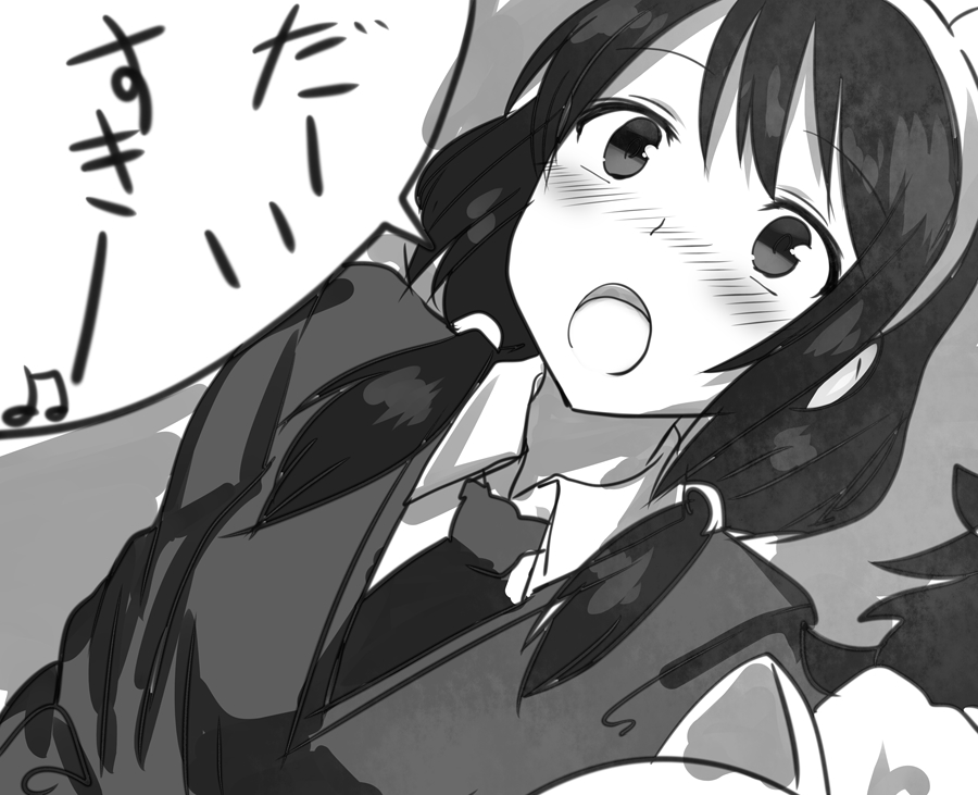 :o animal_ears beamed_quavers blush commentary_request fake_animal_ears hairband lolicept low_twintails monochrome musical_note necktie open_mouth rabbit_ears school_uniform solo_focus sweater tamura_yuri twintails watashi_ga_motenai_no_wa_dou_kangaetemo_omaera_ga_warui!