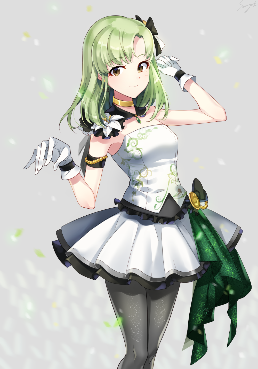 1girl black_legwear breasts brown_eyes closed_mouth collarbone cowboy_shot dress gloves green_hair highres idolmaster idolmaster_(classic) idolmaster_stella_stage looking_at_viewer medium_breasts pantyhose shiika_(idolmaster) short_hair smile solo songmil white_gloves