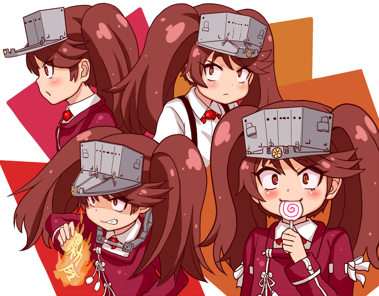 1girl :&lt; :3 bangs blush brown_hair candy clenched_teeth closed_mouth collared_shirt commentary_request dot_nose eyebrows_visible_through_hair eyelashes eyes_visible_through_hair fire food hand_up holding_lollipop japanese_clothes kantai_collection kariginu kikumon lollipop long_hair long_sleeves looking_at_viewer magatama magatama_necklace multiple_persona orange_eyes parted_bangs pyrokinesis raised_eyebrows ribbon ribbon-trimmed_clothes ribbon_trim rigging ryuujou_(kantai_collection) shirt short_eyebrows simple_background sleeves_folded_up suspenders swept_bangs swirl_lollipop tassel teeth thick_eyebrows translation_request twintails visor_cap white_background white_ribbon white_shirt wide-eyed wing_collar yukinojou_yakan