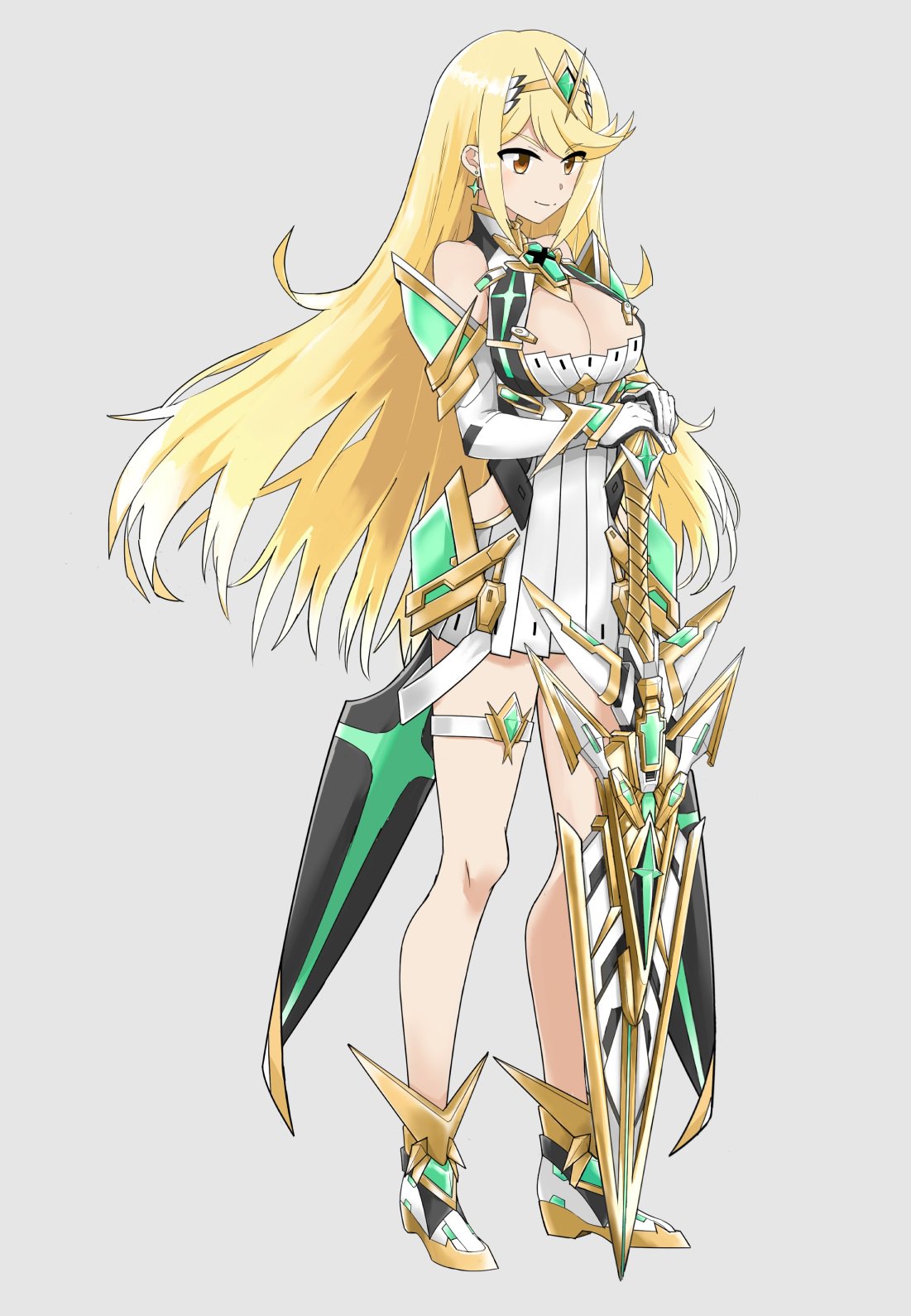 1girl armor blonde_hair breasts cleavage dress gloves highres mythra_(xenoblade) large_breasts long_hair looking_at_viewer smile solo sword weapon white_background xenoblade xenoblade_2 yellow_eyes