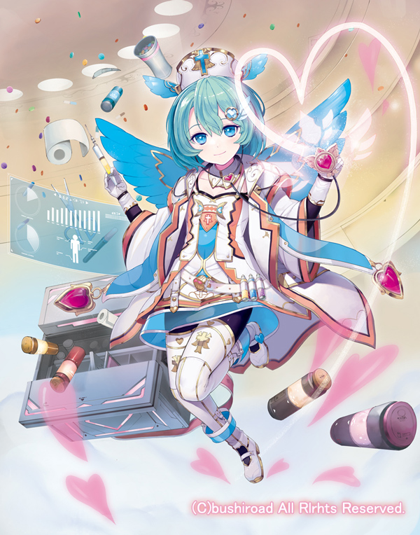 1girl aqua_hair blue_eyes boots cardfight!!_vanguard company_name feathered_wings gloves hairband hat heart initial_celestial_ruhiel official_art pantyhose pill saitou_takeo solo syringe wings