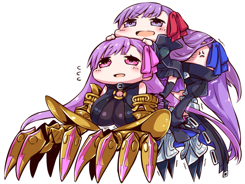 3girls anger_vein bb_(fate/extra_ccc) breasts chibi choker esoragoto fate/extra fate/extra_ccc fate/grand_order fate_(series) hair_ribbon large_breasts long_hair mechanical_arms mechanical_legs meltlilith multiple_girls passion_lip pink_eyes purple_hair ribbon violet_eyes