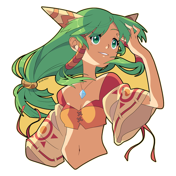 1girl adjusting_hair artist_name commentary feena_(grandia) floating_hair grandia grandia_i green_eyes green_hair hair_ornament hair_tubes jewelry long_hair low-tied_long_hair midriff navel parted_lips pendant sidelocks smile solo wide_sleeves wind zhampy