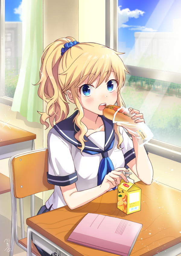 1girl :o bangs bekkourico blonde_hair blue_eyes blue_sky blush book classroom collarbone curtains day drinking_straw eating eyebrows_visible_through_hair food hair_ornament hair_scrunchie holding holding_food idolmaster idolmaster_cinderella_girls indoors light_particles light_rays long_hair looking_at_viewer ootsuki_yui open_mouth ponytail round_teeth sandwich school_uniform scrunchie serafuku shirt short_sleeves sidelocks sitting sky solo sunbeam sunlight tareme teeth upper_body upper_teeth wavy_hair white_shirt window wrapper