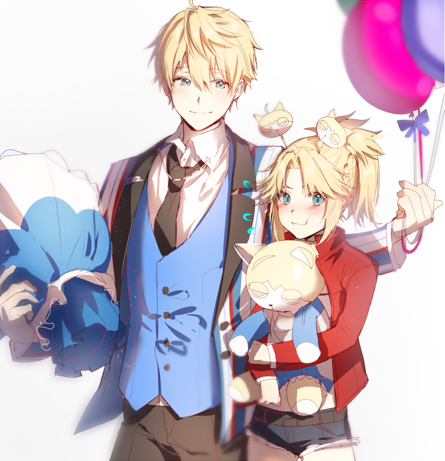 1boy 1girl alternate_costume balloon black_neckwear blonde_hair blue_eyes blush closed_mouth commentary_request doll doll_hug fate/apocrypha fate/grand_order fate/prototype fate_(series) father_and_daughter hair_between_eyes holding hug long_sleeves looking_at_viewer mordred_(fate) mordred_(fate)_(all) myo_ne saber_(fate/prototype) smile stuffed_animal stuffed_toy