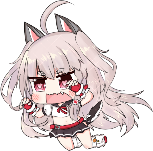 1girl ahoge animal_ears azur_lane bailingxiao_jiu bangs belt black_skirt blush chibi commentary_request crop_top eyebrows_visible_through_hair fang fingerless_gloves full_body gloves grey_hair hair_between_eyes heart heart-shaped_pupils kneeling long_hair loose_socks midriff navel open_mouth pleated_skirt puffy_short_sleeves puffy_sleeves red_belt red_eyes red_gloves school_uniform serafuku shirt short_sleeves simple_background skirt socks solo symbol-shaped_pupils tail thick_eyebrows two_side_up very_long_hair wavy_mouth white_background white_legwear white_shirt wolf_ears wolf_girl wolf_tail yuudachi_(azur_lane)