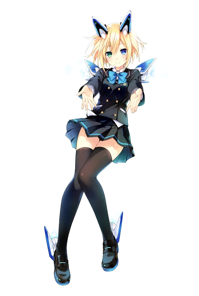 1girl ange_vierge bangs black_legwear blazer blonde_hair blue_eyes blush bow bowtie code_omega_77_stella eyebrows_visible_through_hair full_body green_eyes hair_ornament heterochromia jacket long_sleeves looking_at_viewer official_art outstretched_arms pleated_skirt school_uniform shoes short_hair simple_background skirt smile solo thigh-highs tsunako white_background zettai_ryouiki