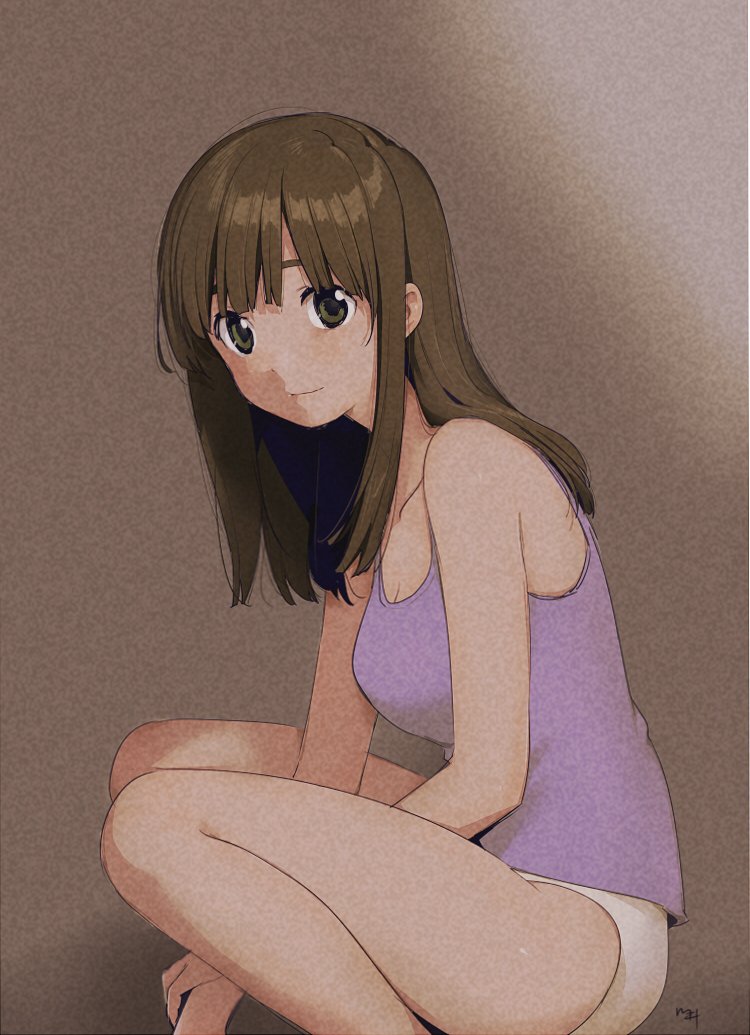 1girl bangs between_legs blunt_bangs breasts brown_eyes brown_hair camisole cleavage closed_mouth commentary_request feet_out_of_frame from_side hand_between_legs kawai_makoto looking_at_viewer medium_breasts original panties signature smile solo squatting underwear white_panties