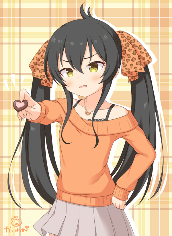 1girl ahoge animal_print bangs bare_shoulders black_hair blush chocolate chocolate_heart collarbone commentary_request eyebrows_visible_through_hair food grey_skirt hair_between_eyes hair_ribbon hand_on_hip head_tilt heart heart_necklace holding holding_food idolmaster idolmaster_cinderella_girls idolmaster_cinderella_girls_starlight_stage kaiware-san leopard_print long_hair long_sleeves looking_at_viewer matoba_risa off_shoulder orange_sweater parted_lips plaid plaid_background pleated_skirt print_ribbon ribbon sidelocks signature skirt sleeves_past_wrists solo sweater twintails very_long_hair yellow_eyes