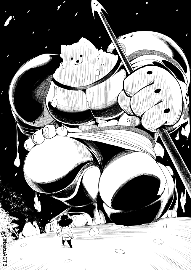 1boy :3 batsu character_request commentary_request dog giant greyscale height_difference holding holding_knife holding_weapon knife lance long_sleeves looking_at_another looking_down monochrome one_knee polearm shorts size_difference snow snowing standing twitter_username undertale weapon