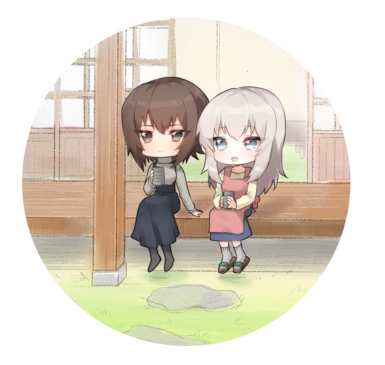 2girls apron beige_shirt black_legwear black_skirt blue_eyes blue_skirt blush brown_hair chibi closed_mouth cup eyebrows_visible_through_hair girls_und_panzer grey_legwear grey_sweater hair_between_eyes high-waist_skirt holding itsumi_erika long_hair multiple_girls nishizumi_maho pink_apron sandals sitting skirt sliding_doors smile suspender_skirt suspenders sweater syohousen turtleneck turtleneck_sweater yunomi