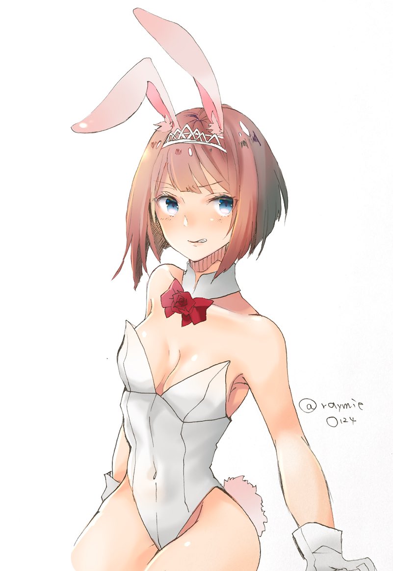 1girl animal_ears ark_royal_(kantai_collection) bangs blue_eyes blunt_bangs bob_cut bow bowtie breasts bunny_tail bunnysuit cleavage covered_navel cowboy_shot detached_collar flower gloves hairband kantai_collection leotard rabbit_ears raymie0124 red_neckwear redhead rose short_hair simple_background small_breasts solo strapless strapless_leotard tail tiara twitter_username white_background white_gloves white_leotard