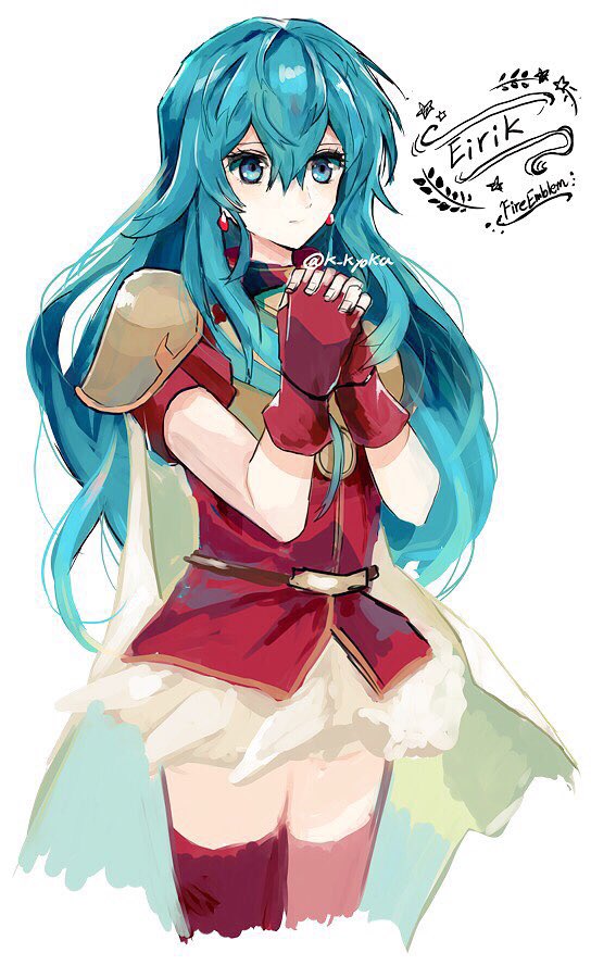 1girl aqua_hair armor blue_eyes blue_hair cape eirika fire_emblem fire_emblem:_seima_no_kouseki gloves kyouka_(exclamationmark) long_hair smile solo thigh-highs