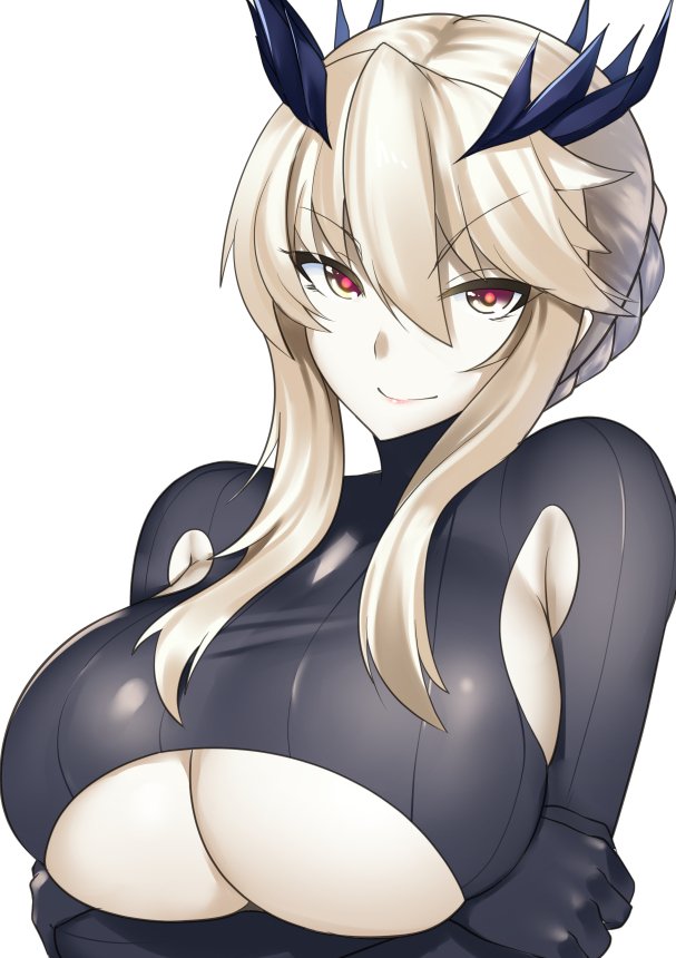 1girl artoria_pendragon_(all) artoria_pendragon_(lancer_alter) blonde_hair breasts crossed_arms fate/grand_order fate_(series) hair_ornament large_breasts mu-nyako under_boob white_background