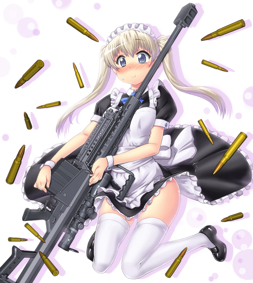 1girl anti-materiel_rifle barrett_m82 black_footwear blonde_hair blue_eyes blush cartridge character_request commentary_request eyebrows_visible_through_hair full_body gun hase_yu little_armory long_hair looking_at_viewer maid maid_headdress puffy_short_sleeves puffy_sleeves rifle shoes short_sleeves simple_background smile sniper_rifle solo thigh-highs twintails weapon white_background white_legwear wrist_cuffs