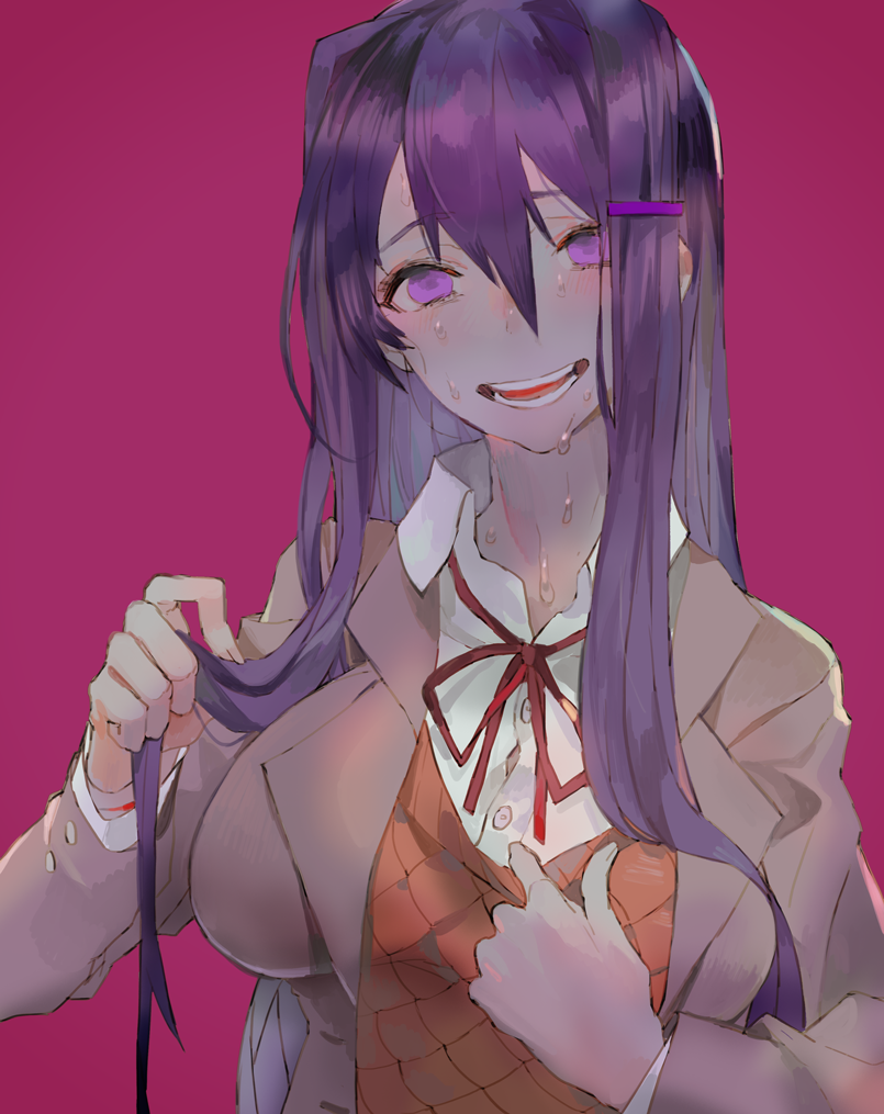 1girl :d bangs blush breasts collared_shirt crazy_smile doki_doki_literature_club dress_shirt eyebrows_visible_through_hair fingernails grey_jacket hair_between_eyes hair_intakes hair_ornament hairclip head_tilt jacket kibadori_rue large_breasts long_sleeves looking_at_viewer neck_ribbon open_mouth orange_vest pulled_by_self purple_background purple_hair red_neckwear red_ribbon ribbon school_uniform shirt simple_background smile solo sweat sweating sweating_profusely upper_body vest vest_pull violet_eyes white_shirt wing_collar yuri_(doki_doki_literature_club)