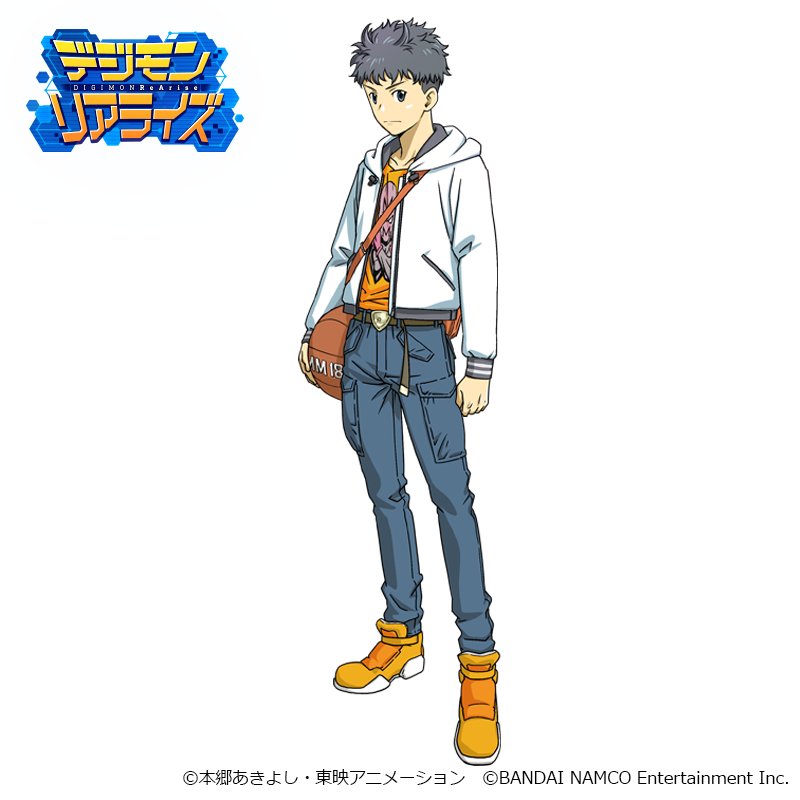 1boy bag basketball belt blue_pants commentary_request company_name denim digimon digimon_rearise grey_eyes grey_hair hood hoodie jacket logo nakatsuru_katsuyoshi official_art open_clothes open_jacket orange_bag orange_footwear orange_shirt pants print_shirt shirt simple_background solo watermark white_background white_jacket