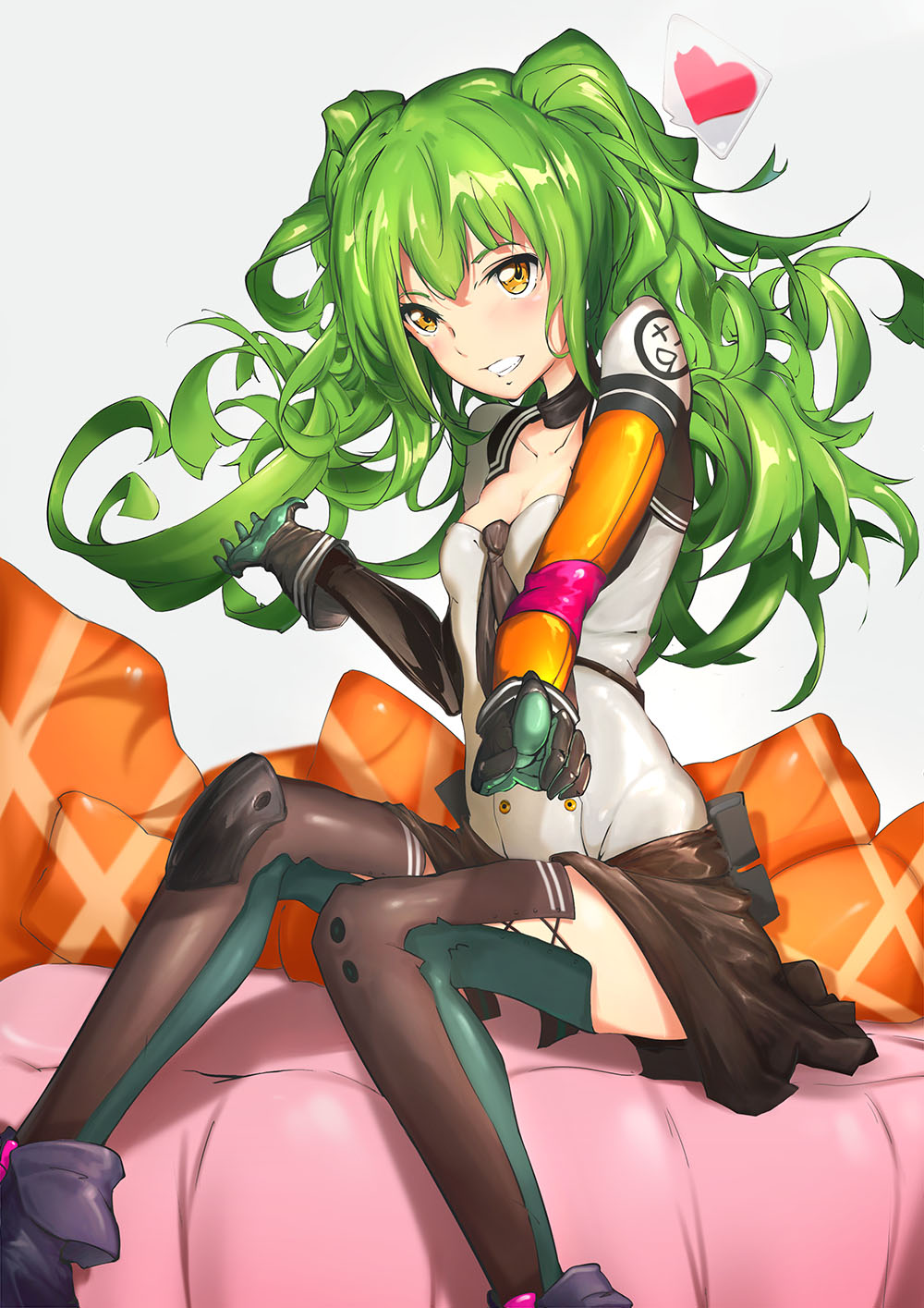 1girl ammunition_pouch ankle_boots bangs black_footwear black_gloves black_neckwear blush boots breasts choker cleavage collarbone elbow_gloves eyebrows_visible_through_hair floating_hair girls_frontline gloves green_hair grey_background hair_between_eyes hand_up heart highres knee_pads long_hair looking_at_viewer m950a_(girls_frontline) medium_breasts messy_hair multicolored multicolored_clothes necktie parted_lips pillow pointing pointing_at_viewer renze_l shirt short_sleeves sidelocks sitting skirt smile solo teeth thigh-highs thighs twintails two_side_up white_shirt yellow_eyes