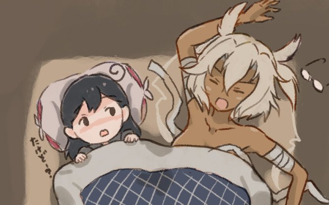 2girls ahoge bed bed_sheet blanket breasts budget_sarashi closed_eyes commentary_request dark_skin futon kantai_collection large_breasts long_hair lying multiple_girls musashi_(kantai_collection) otoufu pillow pointy_hair sarashi sleeping two_side_up under_covers ushio_(kantai_collection)