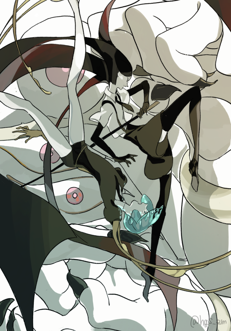 androgynous black_hair bort extra_eyes gem_uniform_(houseki_no_kuni) golden_arms green_eyes green_hair houseki_no_kuni long_hair monster necktie phosphophyllite red_eyes shiro_(houseki_no_kuni) short_hair sword toooka upside-down very_long_hair weapon