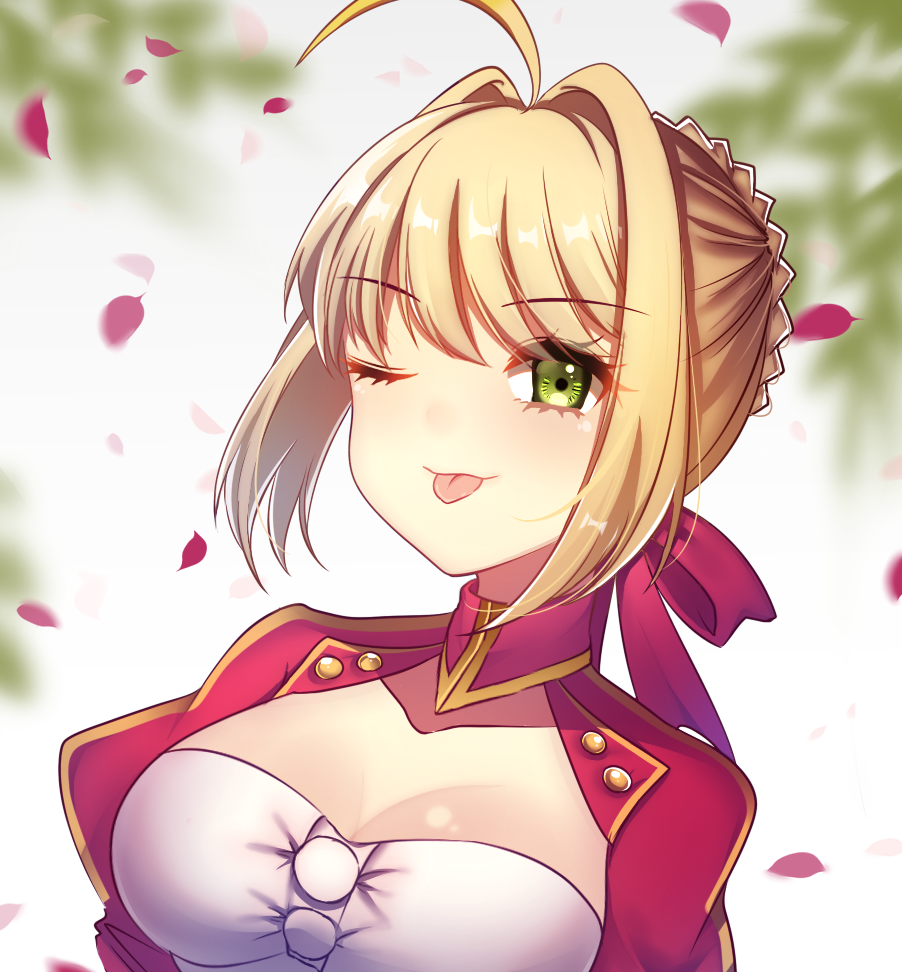 1girl ;p ahoge blonde_hair blurry blurry_background blush breasts cleavage cleavage_cutout closed_eyes depth_of_field eyebrows_visible_through_hair fate/extra fate_(series) green_eyes hair_intakes itsuki_(yishu) large_breasts looking_at_viewer motion_blur nero_claudius_(fate) nero_claudius_(fate)_(all) one_eye_closed petals red_skirt saber_extra shiny shiny_hair short_hair sidelocks skirt smile solo tongue tongue_out upper_body wind
