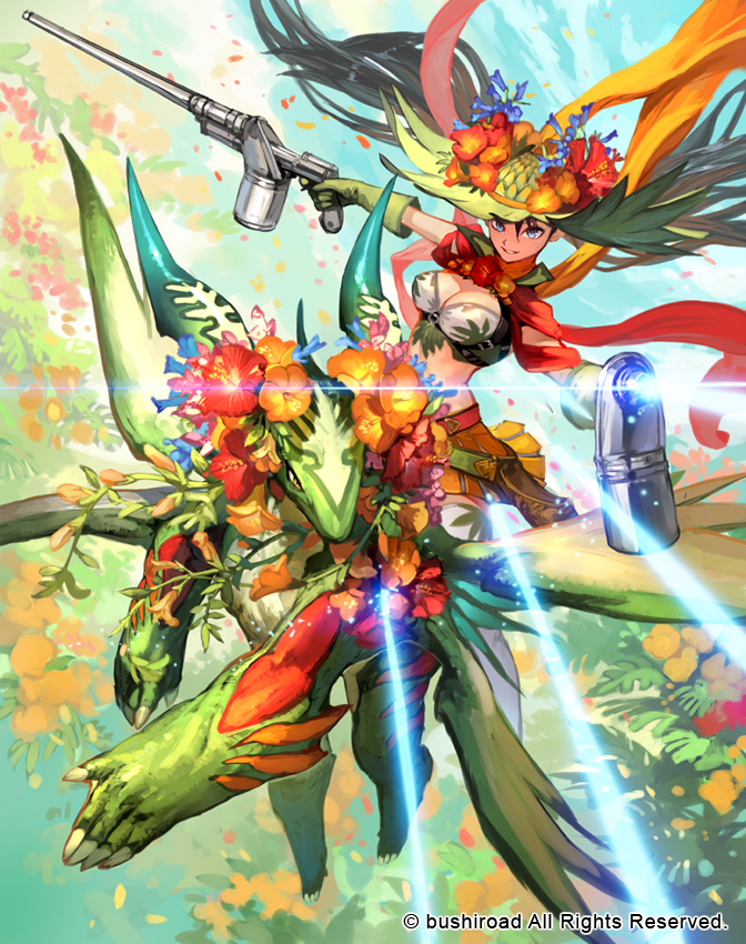 1girl blue_eyes boots breasts capelet cardfight!!_vanguard cleavage company_name dragon flower gloves green_hair gun hair_flower hair_ornament hat leaf long_hair midriff midsummer_flower_princess_lieta official_art orange_eyes solo takayama_toshiaki teeth twintails weapon