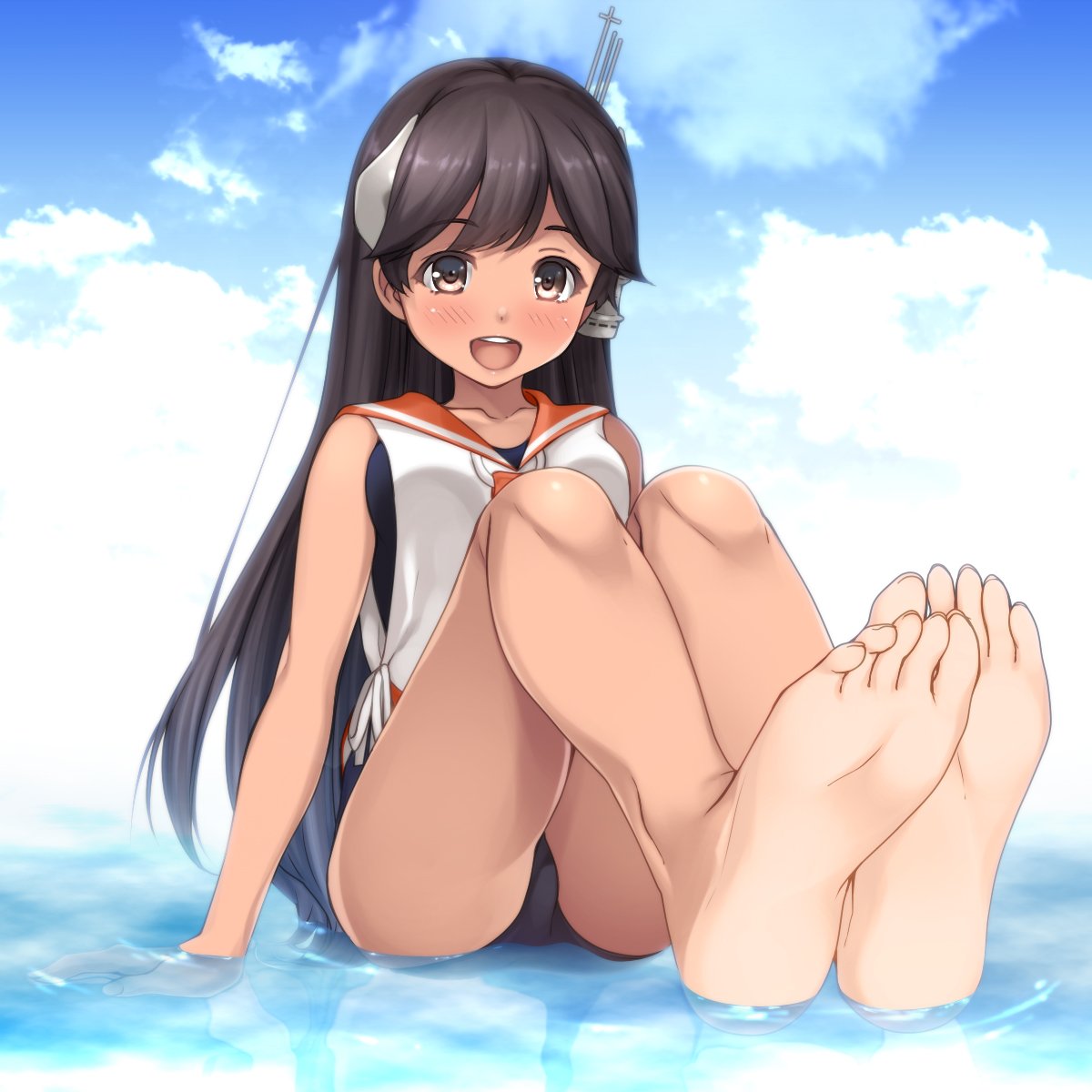 1girl black_hair brown_eyes feet headgear highres i-400_(kantai_collection) imachireki kantai_collection long_hair looking_at_viewer open_mouth orange_sailor_collar perspective pov_feet sailor_collar sailor_shirt school_swimsuit shirt sleeveless sleeveless_shirt smile soles solo swimsuit swimsuit_under_clothes