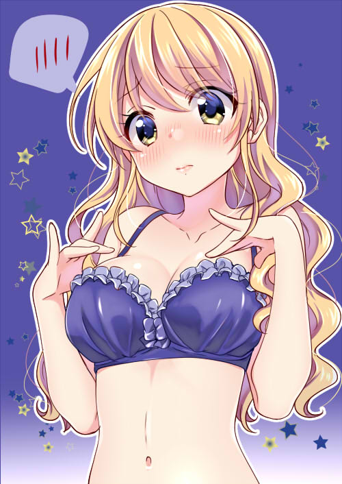 1girl :o blonde_hair blush bra breasts cleavage collarbone embarrassed empty_eyes eyebrows_visible_through_hair frilled_bra frills gradient gradient_background heart lips long_hair looking_away looking_down medium_breasts navel nikaido_natsuko no_pupils nose_blush open_mouth purple_background purple_bra solo speech_bubble spoken_blush star starry_background stomach swap_swap tareme tottoto_tomekichi underwear underwear_only upper_body wavy_hair