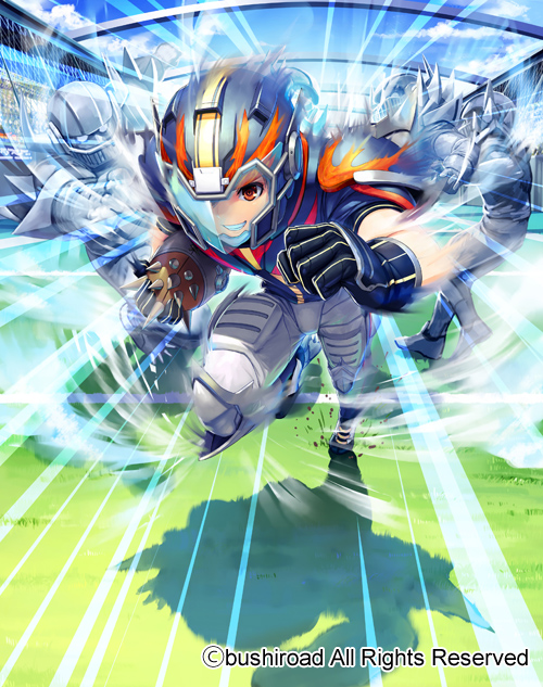 1boy armor armored_boots boots cardfight!!_vanguard company_name faceless faceless_male fullspeed_specter gloves helmet male_focus official_art orange_eyes rugby_ball rugby_uniform sky solo sportswear teeth visor