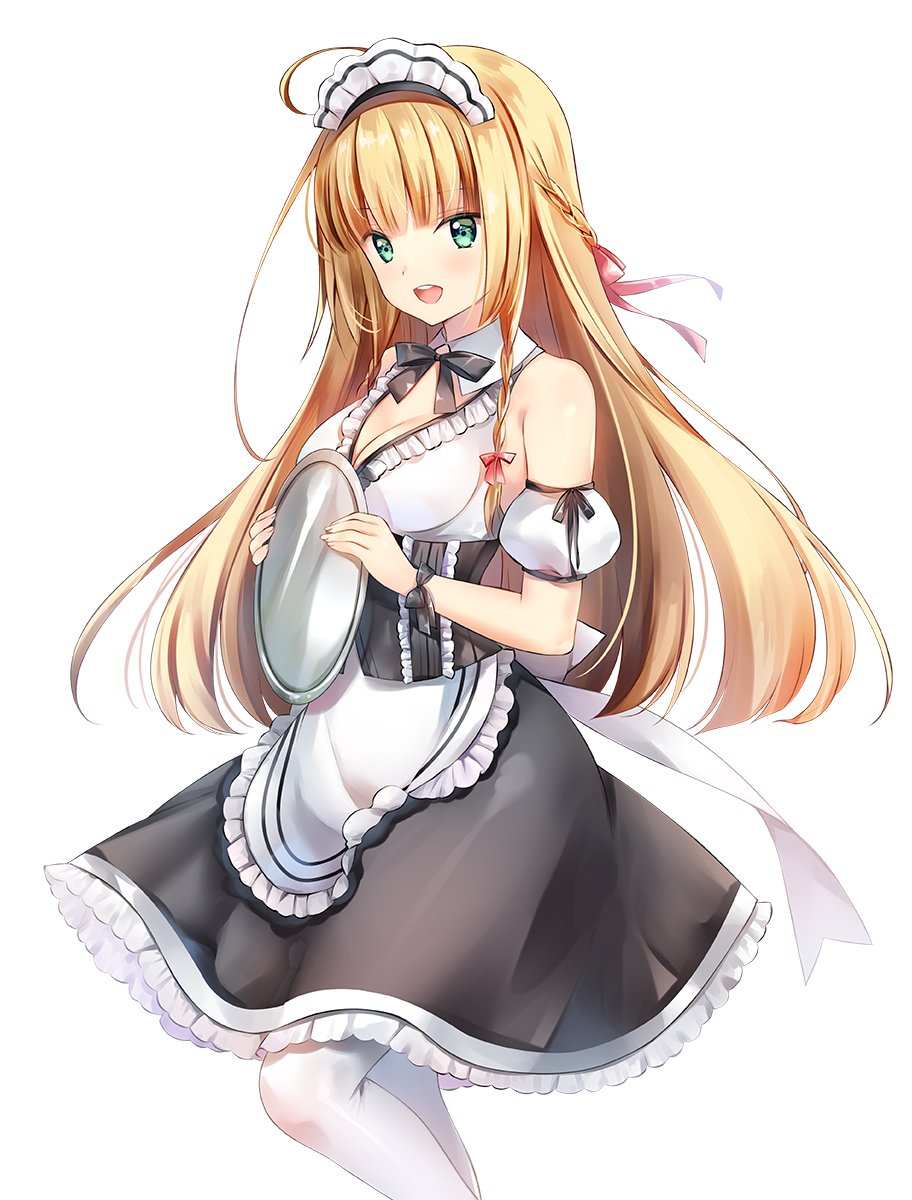 1girl apron artist_request bangs blonde_hair breasts commentary_request dress eyebrows_visible_through_hair fingernails frills green_eyes highres holding holding_tray long_hair looking_at_viewer maid maid_headdress medium_breasts official_art open_mouth simple_background sleeveless smile solo taimanin_(series) taimanin_asagi_kessen_arena tray waist_apron white_background white_legwear
