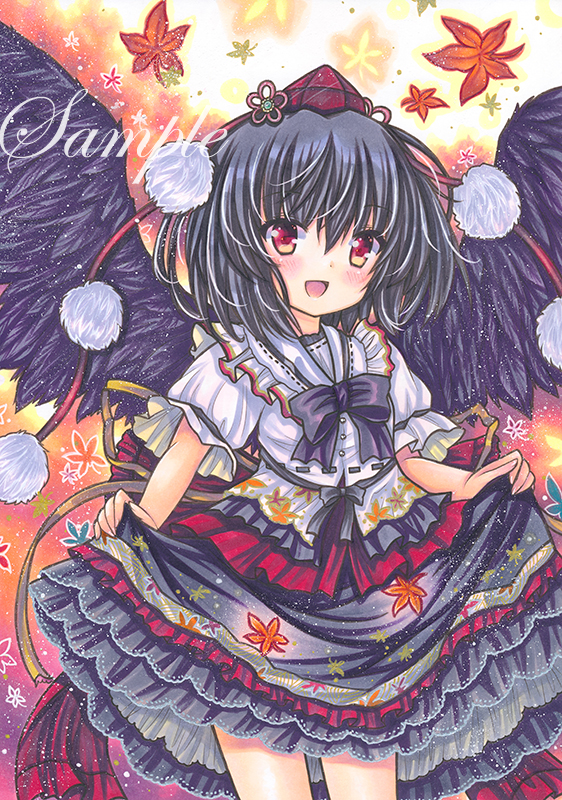 1girl :d autumn_leaves back_bow black_bow black_bowtie black_hair black_skirt black_wings blush bow bowtie breasts buttons clothes_lift cowboy cowboy_western eyebrows_visible_through_hair feathered_wings frilled_shirt frilled_shirt_collar frilled_skirt frills hair_between_eyes hat leaf_print lifted_by_self looking_at_viewer marker_(medium) medium_hair open_mouth orange_background pom_pom_(clothes) print_shirt puffy_short_sleeves puffy_sleeves red_bow red_eyes red_headwear ribbon-trimmed_shirt rui_(sugar3) sample shameimaru_aya shirt short_sleeves skirt skirt_lift small_breasts smile solo tokin_hat touhou traditional_media white_shirt wings