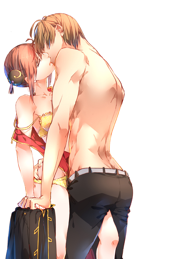 1boy 1girl ass_grab belt black_pants bra breasts brown_hair closed_eyes collarbone couple gintama kagura_(gintama) kiss off_shoulder okita_sougo open_mouth panties pants short_hair simple_background small_breasts underwear white_background yellow_bra yellow_panties zhuhua44