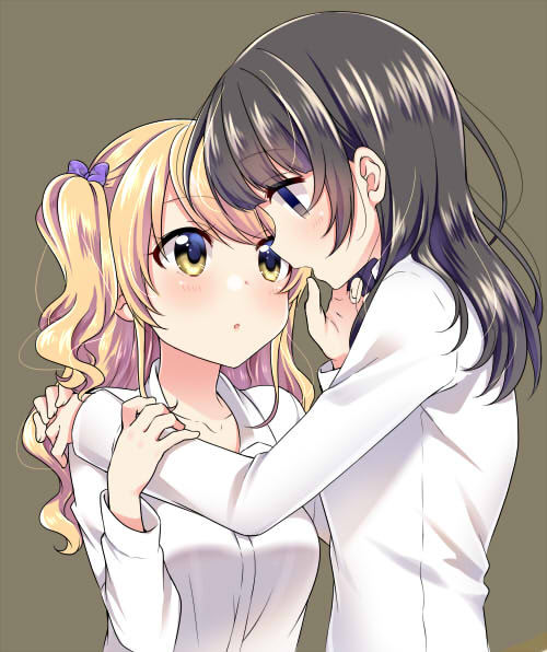 2girls :o bangs black_hair blank_eyes blonde_hair blush bow breasts brown_background collarbone collared_shirt dress_shirt eyebrows_visible_through_hair hair_bow hair_in_mouth hand_on_another's_arm hand_on_another's_shoulder ichinose_haruko long_hair long_sleeves medium_breasts multiple_girls nikaido_natsuko one_side_up parted_lips profile purple_bow shirt simple_background swap_swap swept_bangs tareme tottoto_tomekichi upper_body wavy_hair white_shirt wing_collar yellow_eyes yuri
