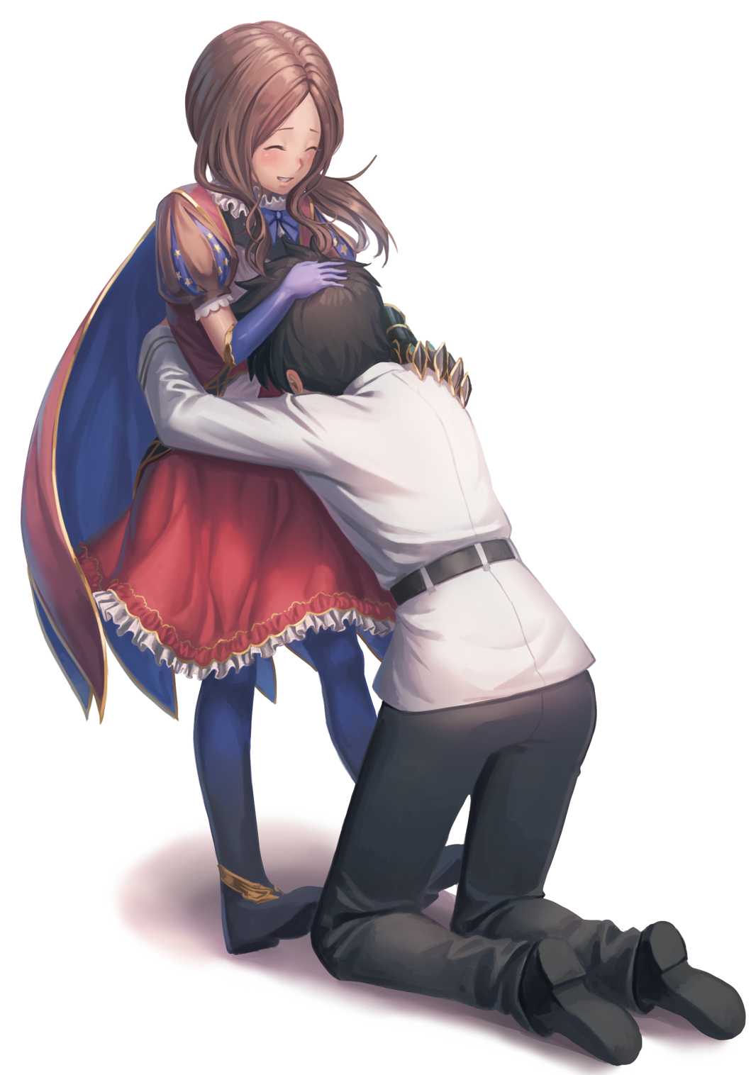 1boy 1girl black_hair blush boots brown_hair cape closed_eyes dress fate/grand_order fate_(series) frilled_dress frills fujimaru_ritsuka_(male) gloves head_on_chest highres hug kneeling leonardo_da_vinci_(fate/grand_order) medium_hair pantyhose puffy_short_sleeves puffy_sleeves ranma_(kamenrideroz) short_sleeves single_gauntlet smile