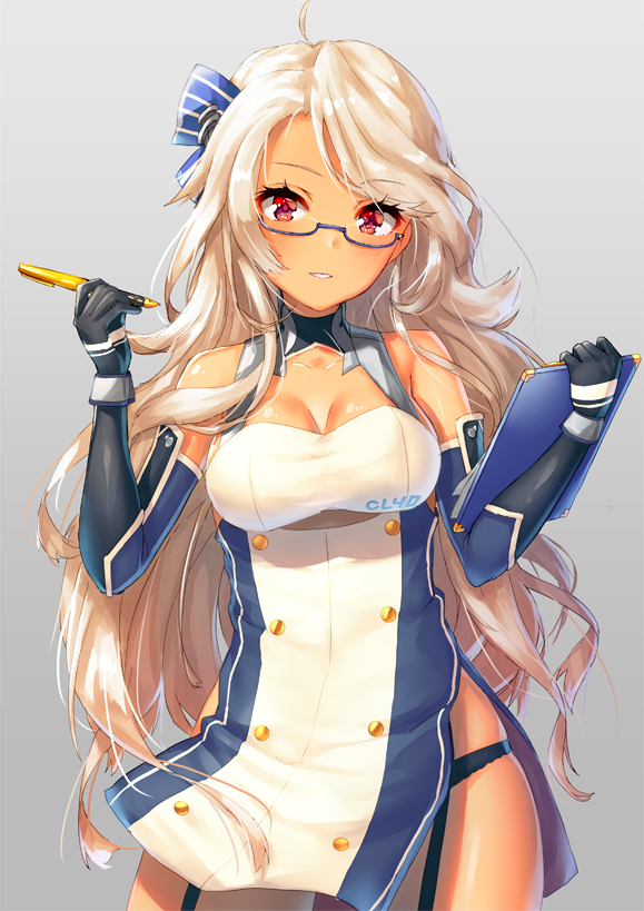 1girl ahoge azur_lane bare_shoulders black_gloves black_panties blonde_hair blue-framed_eyewear blush bow breasts brooklyn_(azur_lane) buttons cleavage clipboard collarbone dark_skin detached_sleeves dress elbow_gloves eyebrows_visible_through_hair eyelashes fountain_pen garter_straps glasses gloves grey_background hair_bow hair_ornament halter_dress head_tilt holding holding_clipboard holding_pen large_breasts long_hair looking_at_viewer medium_breasts messy_hair panties parted_lips pen pensuke red_eyes semi-rimless_eyewear shiny shiny_skin short_dress side_slit simple_background skindentation smile solo standing striped striped_bow thighs underboob_cutout underbust underwear very_long_hair wavy_hair wind wind_lift