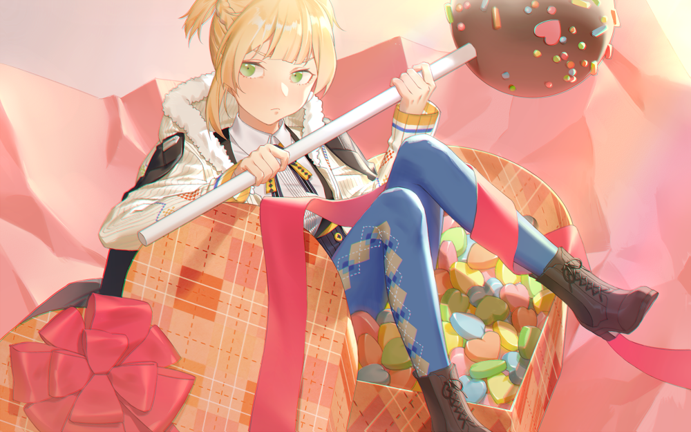 1girl alternate_costume argyle argyle_legwear arm_at_side bangs black_footwear blonde_hair blue_legwear blue_skirt blush boots braid breasts buckle cardigan character_name closed_mouth collared_shirt food fur-trimmed_cardigan girls_frontline green_eyes heart-shaped_box holding holding_food hooded_cardigan legs_up looking_away medium_breasts multicolored_neckwear neck_ribbon open_cardigan open_clothes pantyhose ribbon rj shirt sitting skirt sleeves_past_wrists solo welrod_mk2_(girls_frontline) white_background white_shirt