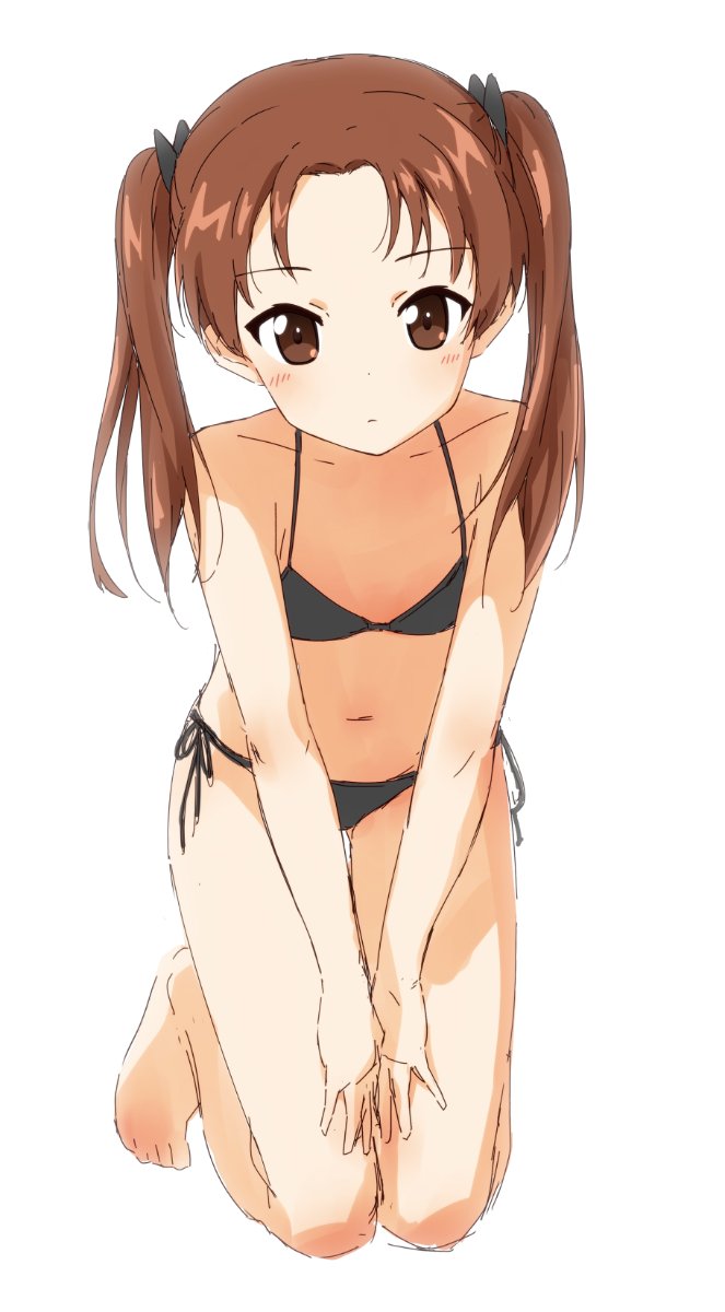 1girl barefoot bikini black_bikini brown_eyes brown_hair flat_chest full_body girls_und_panzer hands_on_own_thighs highres kadotani_anzu kneeling leaning_forward long_hair navel side-tie_bikini simple_background solo suke_(momijigari) swimsuit twintails white_background