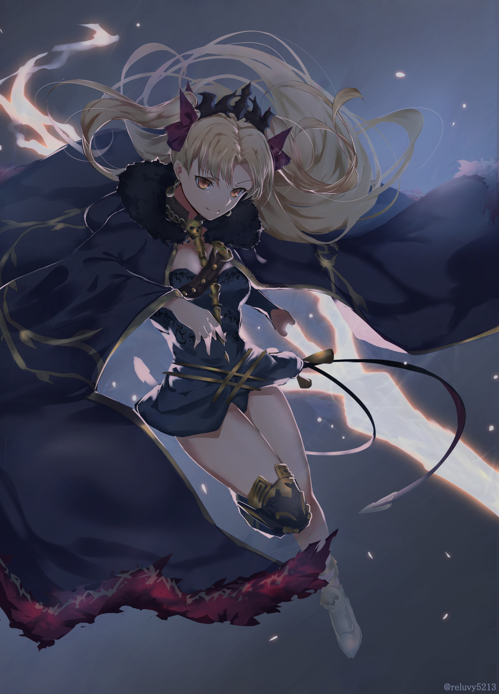 1girl artist_name asymmetrical_legwear black_cape black_dress black_legwear black_panties blonde_hair cape dress ereshkigal_(fate/grand_order) fate/grand_order fate_(series) floating_hair full_body hair_ribbon highres long_hair looking_at_viewer one_leg_raised orange_eyes panties purple_ribbon reluvy ribbon short_dress smile solo thigh-highs underwear very_long_hair