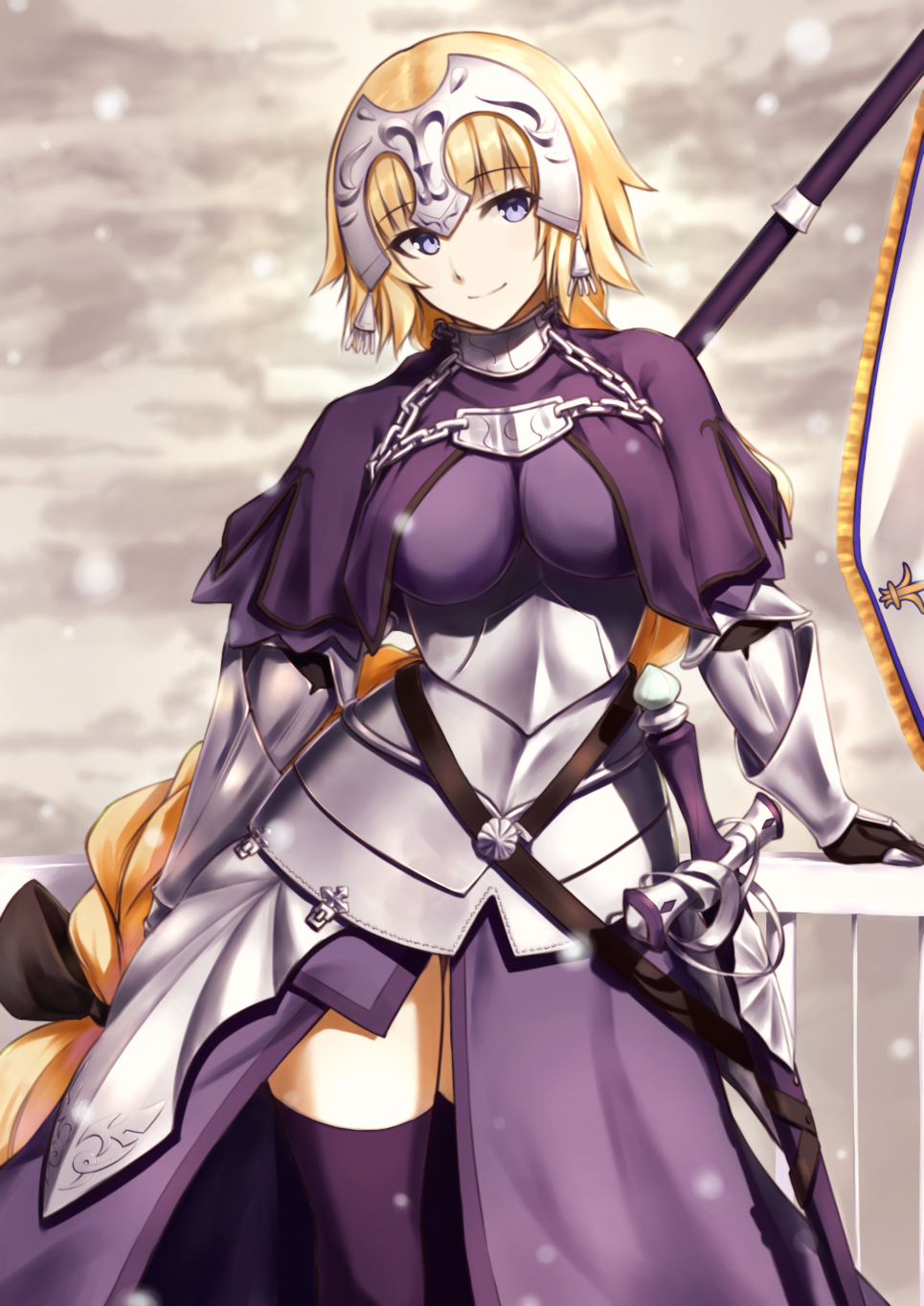 1girl armor armored_dress banner black_ribbon blonde_hair blue_eyes braid enchuu eyebrows_visible_through_hair fate/apocrypha fate_(series) gauntlets highres jeanne_d'arc_(fate) jeanne_d'arc_(fate)_(all) long_hair low-tied_long_hair ponytail purple_legwear ribbon ruler_(fate/apocrypha) sheath sheathed single_braid smile solo standing sword thigh-highs very_long_hair weapon